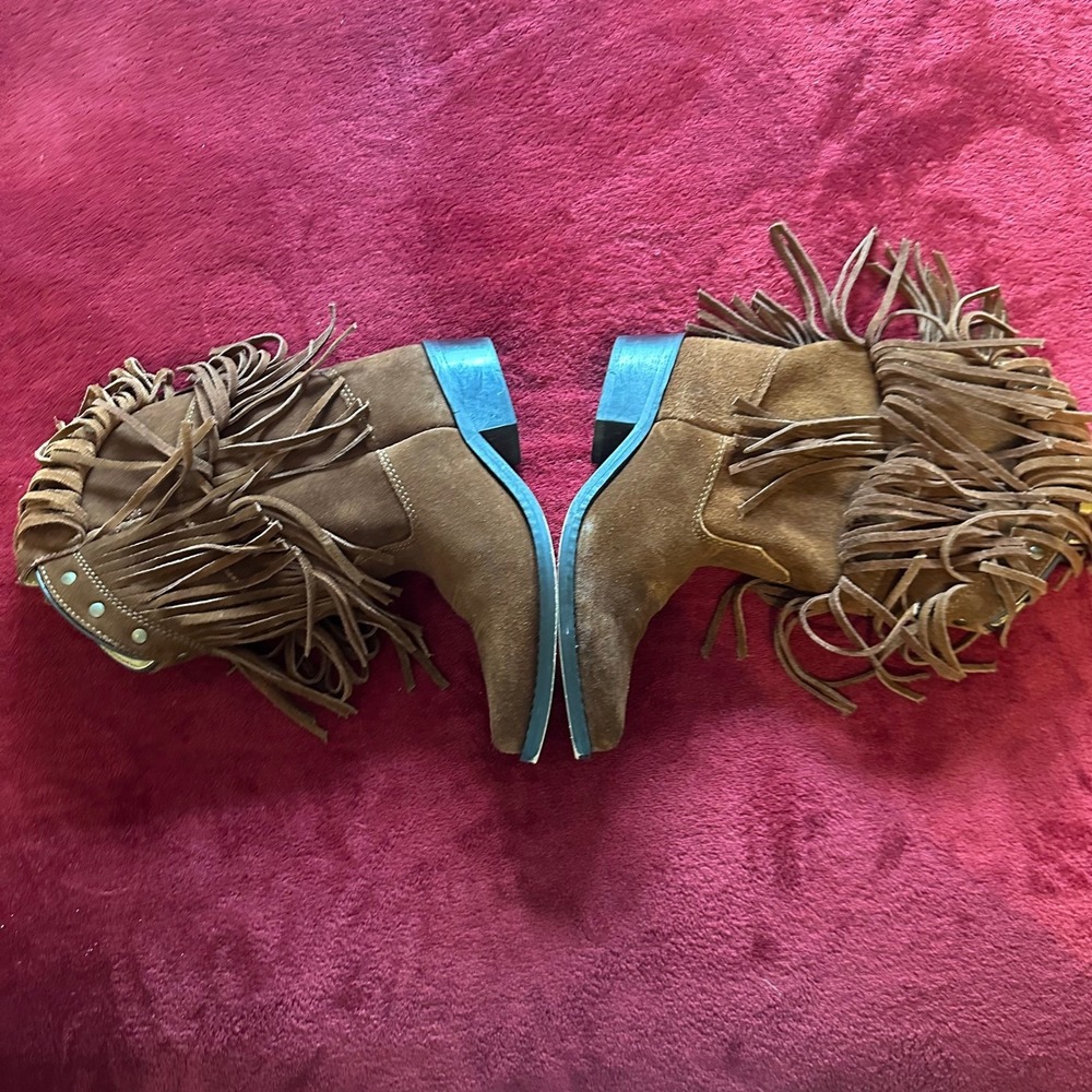 Kids Brown Suede Fringe Cowboy Boots Studded Western Mid Calf Size 1 - Picture 6 of 14